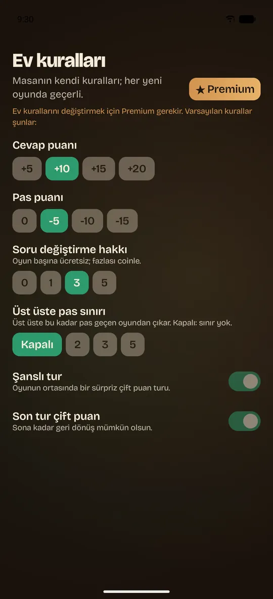 Premium ev kuralları ekranı